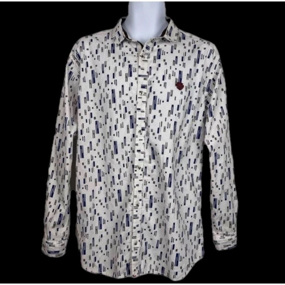 Catch Plus Button Up Shirt Men XL White Blue Geometric‎ Slim Fit Long Sleeve